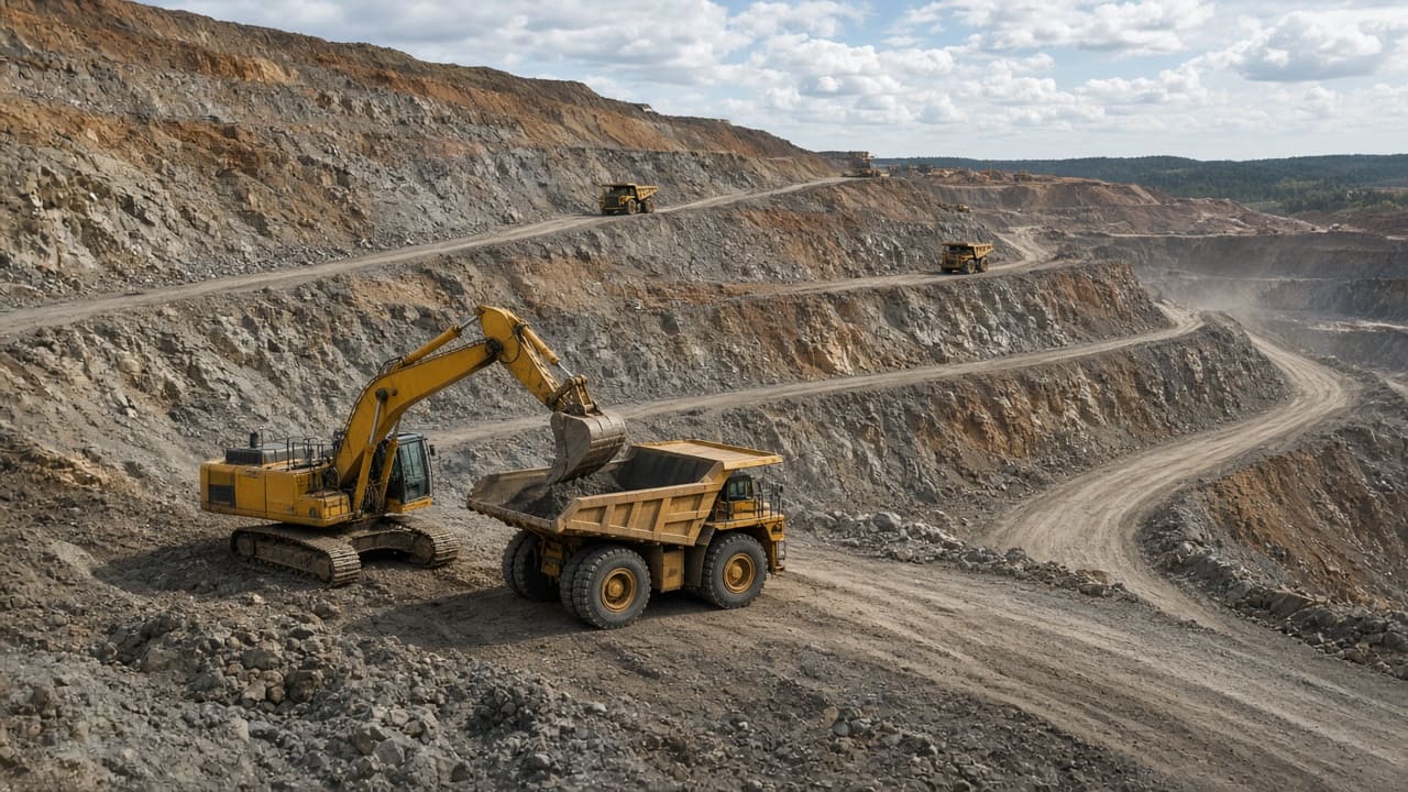 Excavadora en una operación minera a cielo abierto con infraestructura industrial